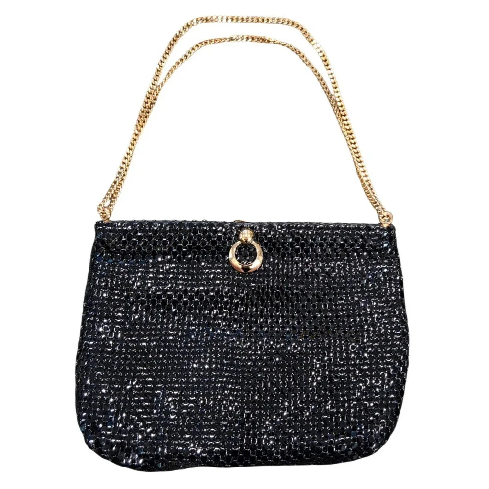 Vintage 1960s Whiting & Davis Black Metal Mesh Evening Bag